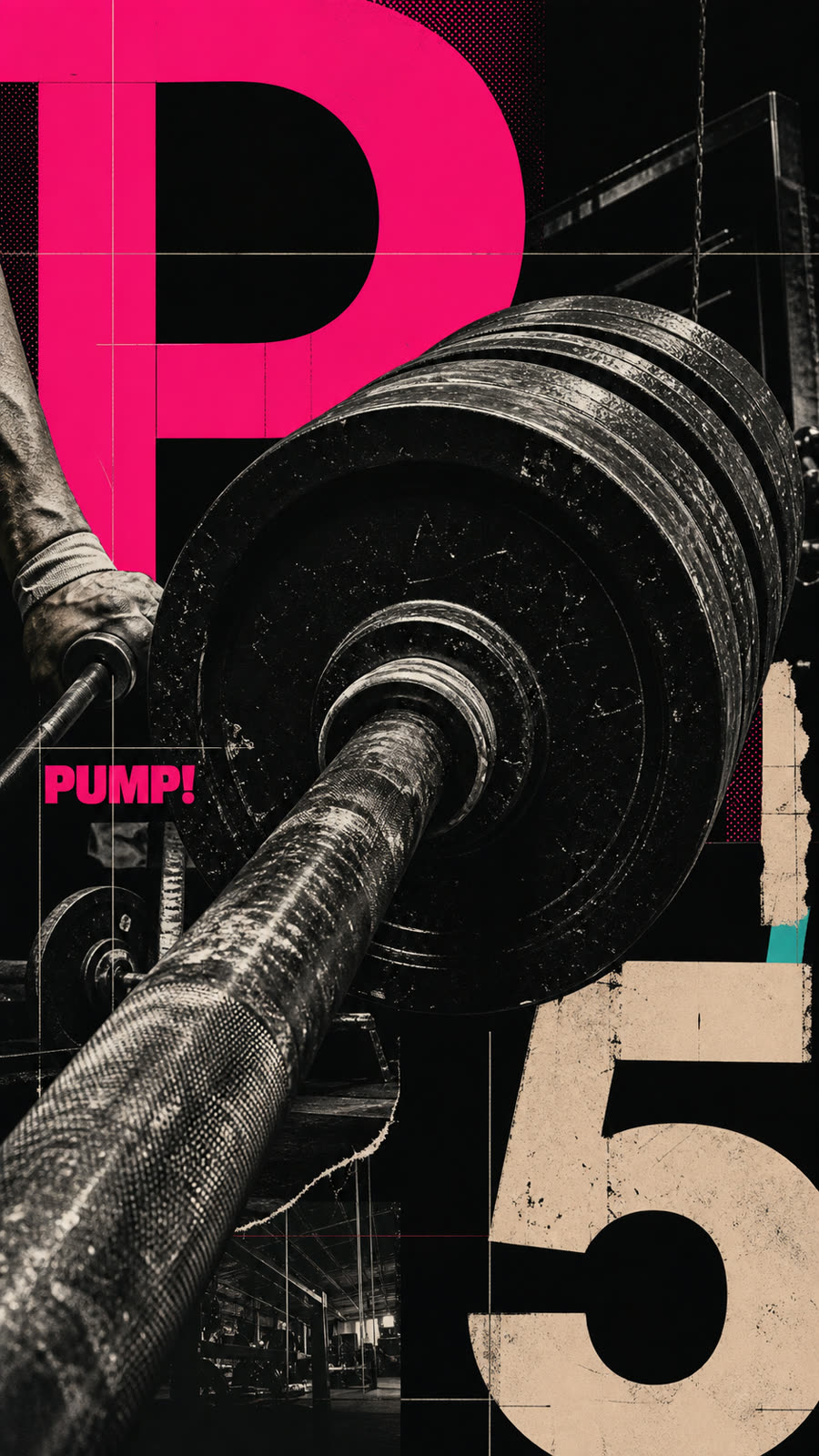 Dark poster of a loaded barbell in close-up, collaged with a giant numeral five and pink letterforms