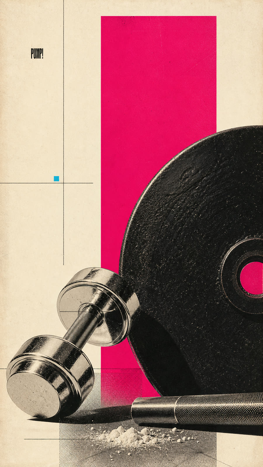 Cream paper poster with a chrome dumbbell, spilled chalk and hot pink color fields