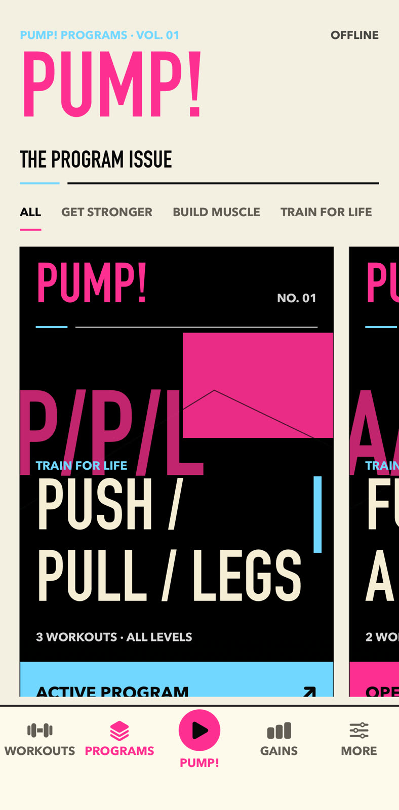 PUMP! app: The Program Issue — a magazine-style library of training programs including Push Pull Legs