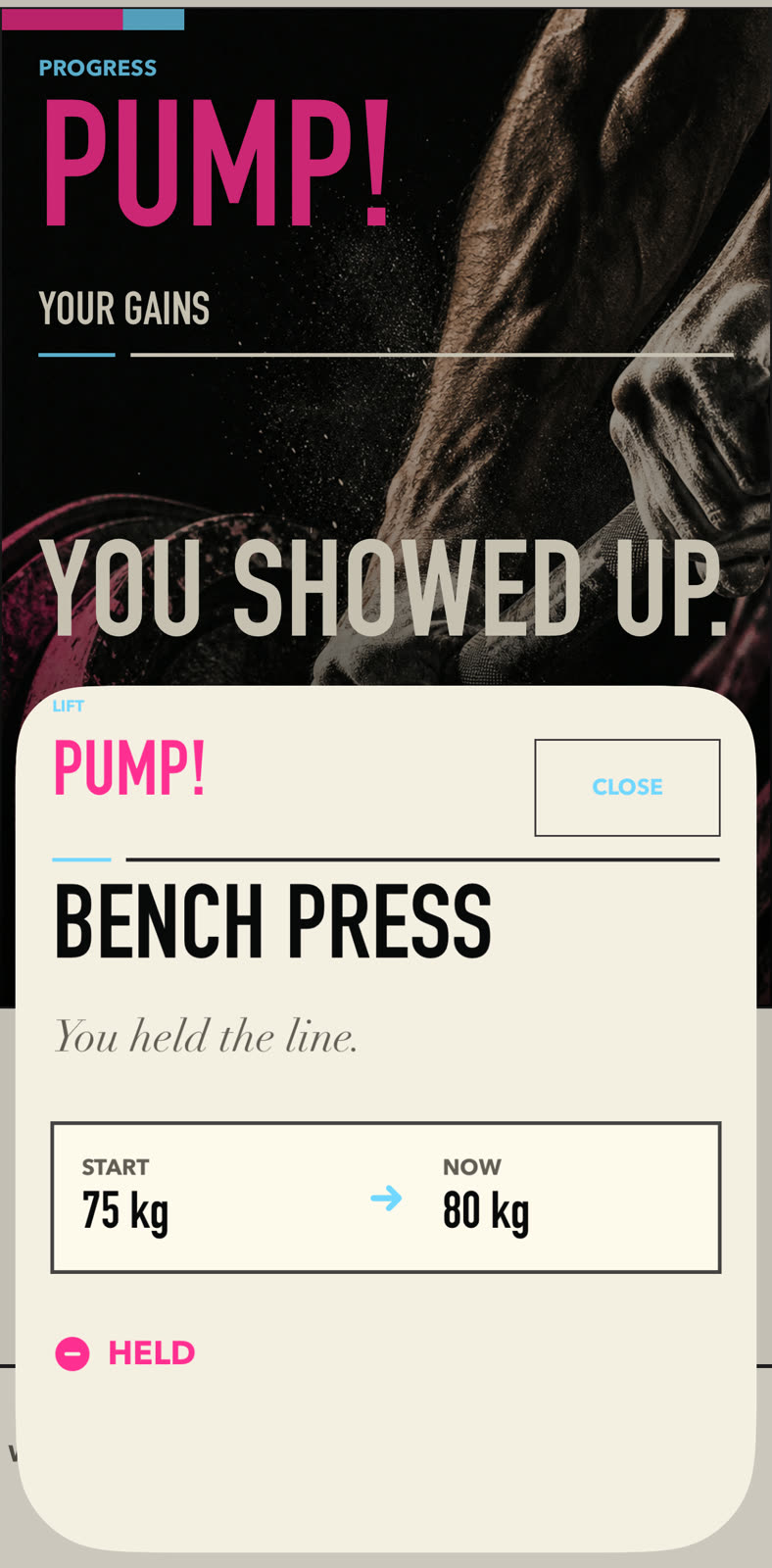 PUMP! app: Your Gains — 'You showed up.' Bench press progressing from 75 to 80 kilograms